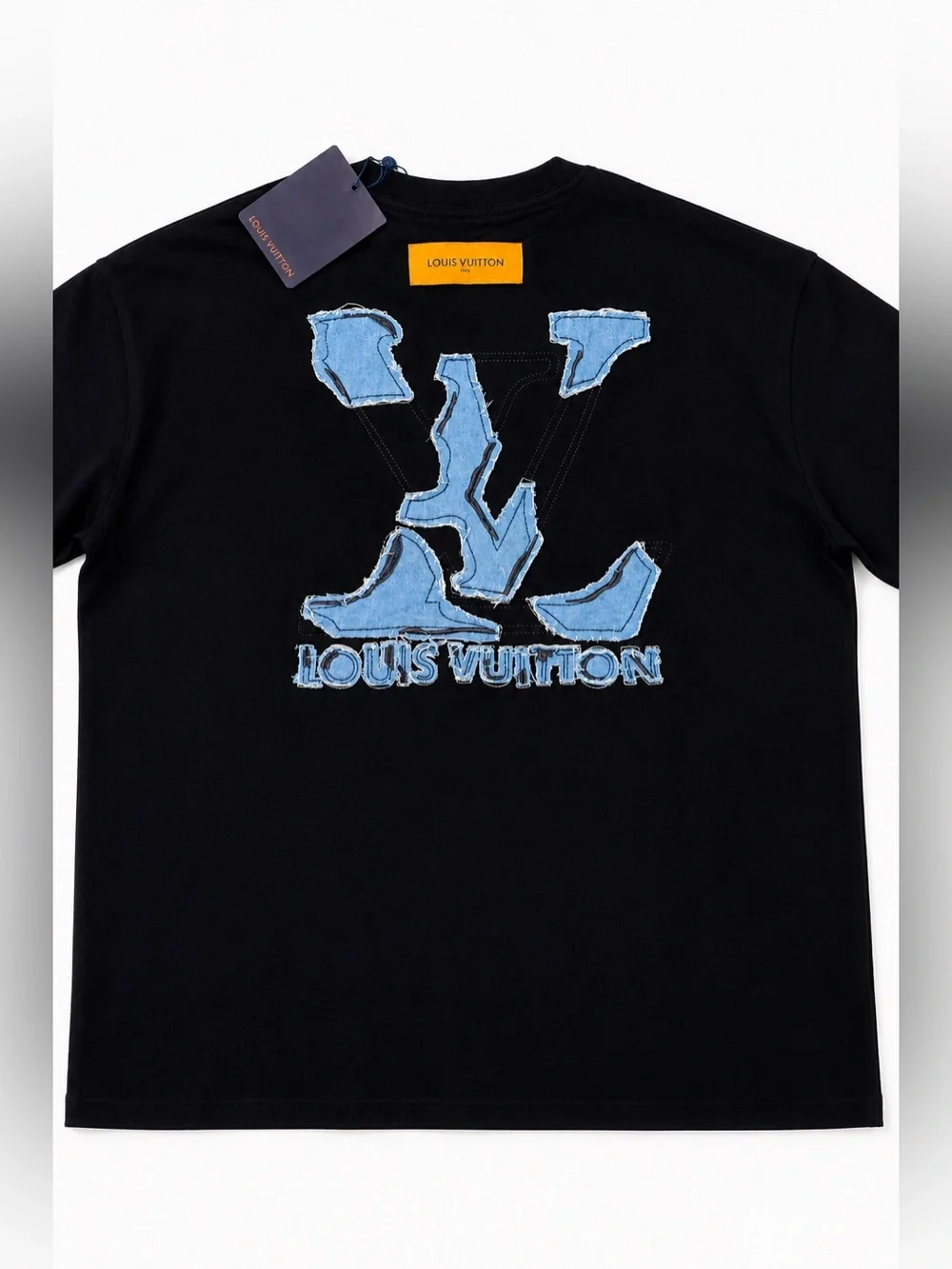 Louis Vuitton Black Tee with Distressed Blue Denim LV Logo
